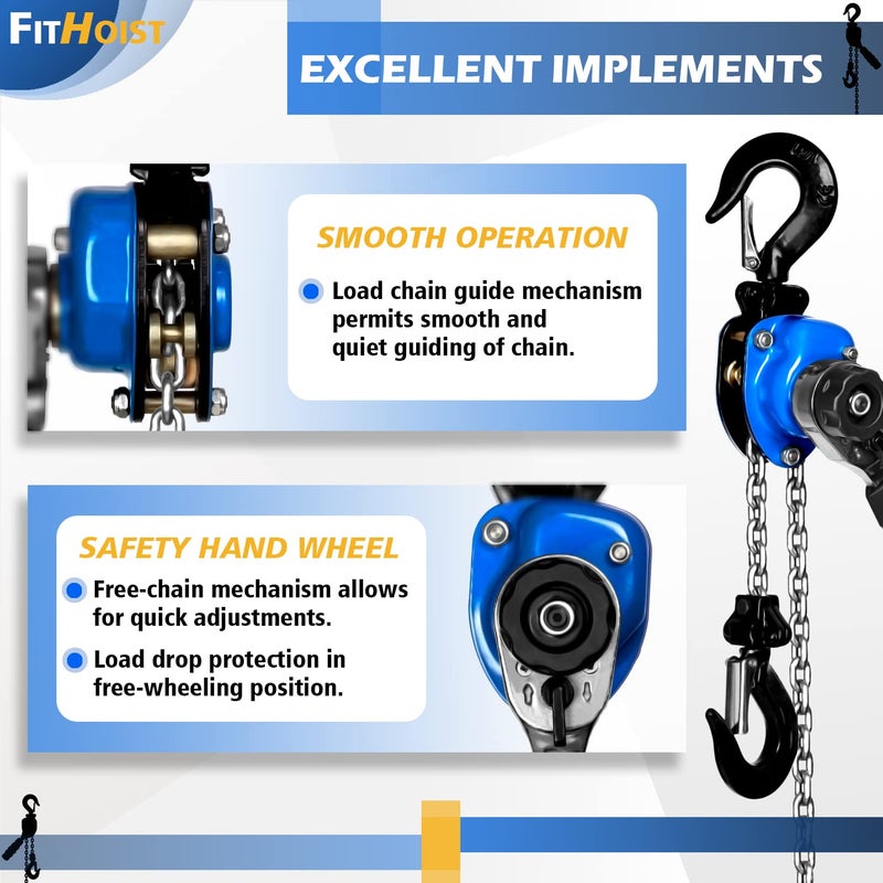 FITHOIST Mini Chain Hoist 1/4 ton 550Lbs Capacity 10ft Lift Small Come Along Alloy Steel G80 Chain 2 Heavy Duty Hooks  Manual lever chain hoist for Garages Warehouse Automotive Machinery - Image 5